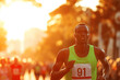 © Frank Parker - Runner competes in a vibrant sunset marathon in an urban setting with fellow participants in lively action