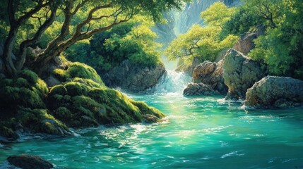 Canvas Print - Serene River Gorge: A Tranquil Oasis in Lush Greenery