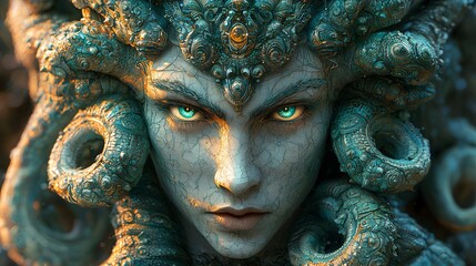 Poster - Medusa depicted in Line art set in Golden palace evoking a Heroic mood illuminated by Golden hour with a Dynamic pose hyper-detailed vibrant colors intricate details