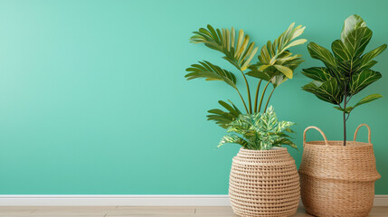 Wall Mural - Two woven baskets with lush green indoor plants are placed on wooden floor against bright turquoise wall, creating fresh and vibrant atmosphere