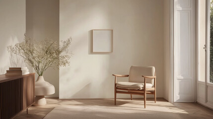 Poster - minimalist living room with wooden armchair, light beige cushion, modern sideboard, and vase with dried flowers. room features soft natural light and neutral color palette