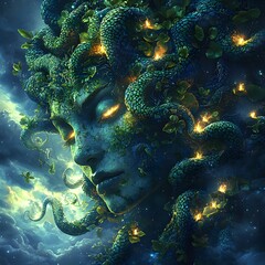 Poster - Medusa depicted in Fantasy illustration set in Celestial sky evoking a Powerful mood illuminated by Candlelit with a Backlit silhouette hyper-detailed vibrant colors intricate details