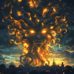 Poster - Medusa depicted in Fantasy illustration set in Celestial sky evoking a Powerful mood illuminated by Candlelit with a Backlit silhouette hyper-detailed vibrant colors intricate details