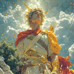 Aufkleber - Hermes depicted in Line art set in Mythical battlefield evoking a Melancholic mood illuminated by Celestial light with a Close-up hyper-detailed vibrant colors intricate details