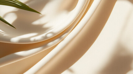 Leinwandbilder - Soft beige fabric with smooth folds and gentle shadows, complemented by green leaf casting natural shadow, creating serene and elegant composition