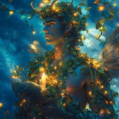 Aufkleber - Hermes depicted in Digital painting set in Celestial sky evoking a Mysterious mood illuminated by Candlelit with a Close-up hyper-detailed vibrant colors intricate details