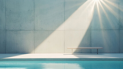 Aufkleber - serene outdoor pool scene with sunlight streaming through onto minimalist concrete wall and simple bench, creating tranquil and modern atmosphere