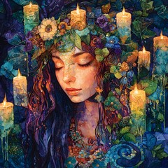 Poster - Pandora depicted in Watercolor painting set in Heavenly garden evoking a Regal mood illuminated by Candlelit with a Close-up hyper-detailed vibrant colors intricate details