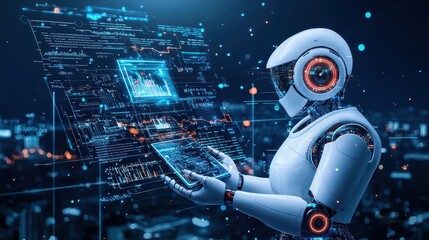 Poster - A clean and modern composition of a robotic assistant analyzing data for automated marketing campaigns, high detail and full depth of field.