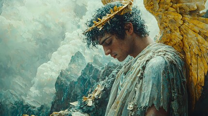 Poster - Apollo depicted in Oil painting set in Mount Olympus evoking a Melancholic mood illuminated by Overcast with a Close-up hyper-detailed vibrant colors intricate details