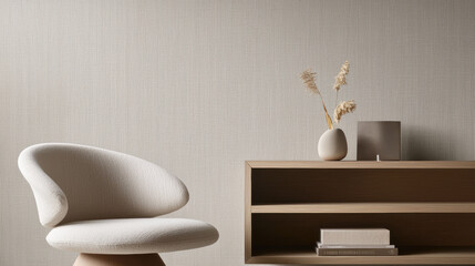 Leinwandbilder - minimalist interior with light gray textured wall, modern white armchair, and wooden shelf holding books, vase with dried plants, and small decorative object