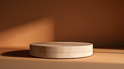 Poster - Minimalist round display pedestal in warm brown tones with soft lighting casting shadows for modern product presentation photography