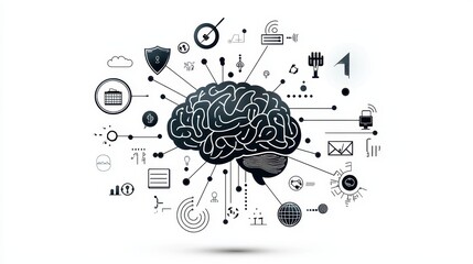 Poster - A conceptual digital brain with circuits and automation icons, symbolizing AI-driven marketing, in a sleek monochrome style.