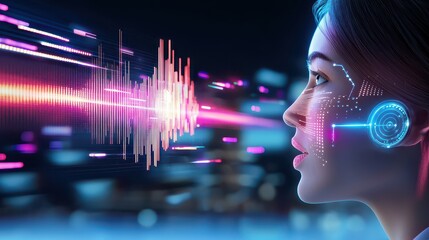 Poster - A conceptual representation of AI voice search technology, with sound waves transforming into digital data streams.