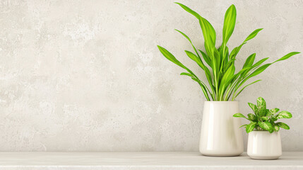 Poster - Two potted green plants on light olive green textured wall background, creating minimalist and serene decor style. larger pot holds tall leafy plant, while smaller pot contains compact one