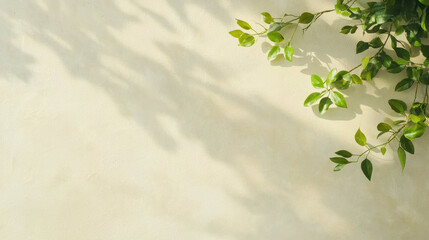 Poster - light olive green wall with subtle texture is adorned with vibrant green leaves casting soft shadows, creating serene and natural ambiance