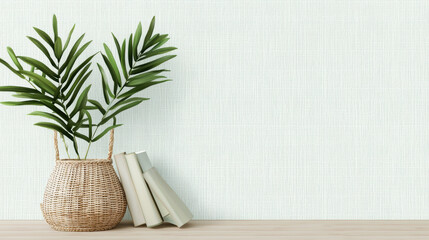 Poster - woven basket with green leafy plants and books on wooden surface against light olive green textured wall creates serene and minimalist decor