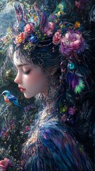 Poster - Persephone depicted in Fantasy illustration set in Mount Olympus evoking a Playful mood illuminated by Overcast with a Close-up hyper-detailed vibrant colors intricate details