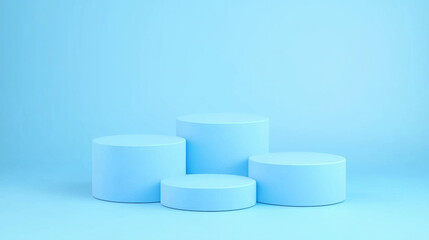 Poster - Minimalist blue background with cylindrical podiums arranged clean, modern composition, ideal for product display or branding. soft gradient and smooth texture evoke calm and professional