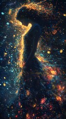 Poster - Persephone depicted in Digital painting set in Celestial sky evoking a Ethereal mood illuminated by Soft glow with a Backlit silhouette hyper-detailed vibrant colors intricate details