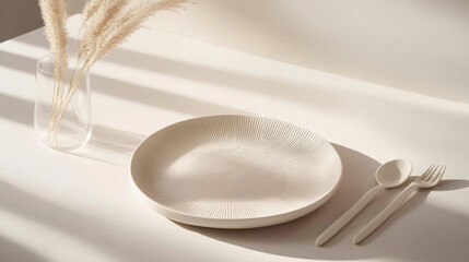 Poster - minimalist table setting featuring textured ceramic plate, white cutlery, and glass vase with dried pampas grass, all bathed in soft natural light and muted earth tones