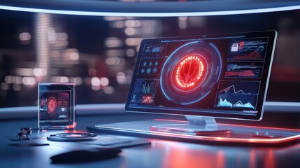 Poster - A futuristic AI system generating realistic images and videos on a sleek, modern digital workspace, abstract glowing effects.
