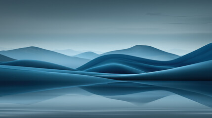 Aufkleber - serene landscape of smooth blue hills and their reflections in calm water, creating tranquil and minimalist scene with soft gradients and peaceful atmosphere
