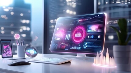 Poster - A futuristic AI-powered dashboard optimizing an ad campaign, glowing softly in a modern workspace, symbolizing efficiency and precision.
