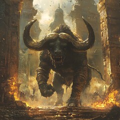 Aufkleber - Minotaur depicted in Concept art set in Ruined temple evoking a Heroic mood illuminated by Golden hour with a Action shot hyper-detailed vibrant colors intricate details