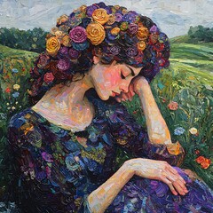 Aufkleber - Persephone depicted in Abstract art set in Ancient Greece evoking a Serene mood illuminated by Overcast with a Serene posture hyper-detailed vibrant colors intricate details
