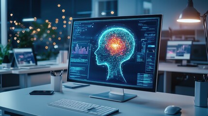 Poster - A futuristic workspace where AI algorithms generate personalized ad campaigns, displaying automated content creation in action.