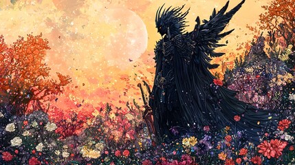 Aufkleber - Hades depicted in Concept art set in Heavenly garden evoking a Tragic mood illuminated by Celestial light with a Heroic stance hyper-detailed vibrant colors intricate details