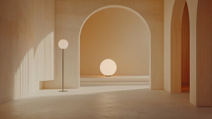 Fototapete - minimalist interior with soft yellow lighting features modern floor lamp and glowing spherical light, creating serene and warm ambiance. arched doorways add elegant architectural touch