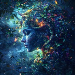 Aufkleber - Medusa depicted in Digital painting set in Mystical forest evoking a Serene mood illuminated by Dramatic shadows with a Side profile hyper-detailed vibrant colors intricate details