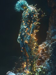 Poster - Hermes depicted in Photorealism set in Underworld evoking a Serene mood illuminated by Bioluminescent with a Heroic stance hyper-detailed vibrant colors intricate details