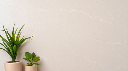 Poster - Minimalist beige background with subtle marble texture, complemented by two potted green plants in simple ceramic pots, creating calm and inviting atmosphere