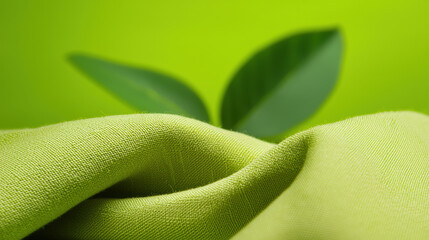 Wall Mural - close up of green fabric with soft texture, draped elegantly against blurred background featuring green leaves, creating natural and calming aesthetic