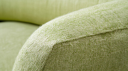 Fototapete - Close up of green fabric texture on sofa armrest, showcasing its woven material and soft, subtle design, ideal for modern and cozy interiors