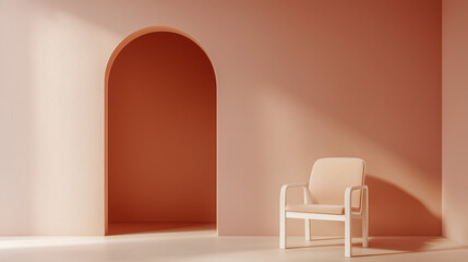 Fototapete - minimalist interior design featuring warm terracotta wall with rustic texture, arched doorway, and beige armchair bathed in soft natural light, creating serene atmosphere