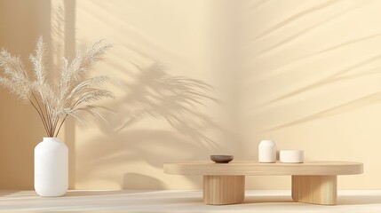 Poster - A neutral-toned living room with tan walls and light wood furniture, evoking a feeling of warmth and tranquility in a minimalist setting