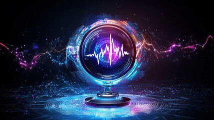 Poster - Abstract AI-powered voice assistant visual with glowing waveforms and digital speech bubbles, modern and clean.