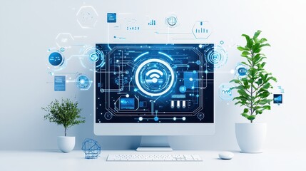 Aufkleber - abstract flat-style ai marketing automation process, with workflow elements and minimal futuristic g
