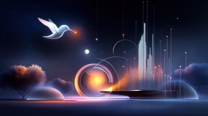 Poster - An AI-powered optimization system dynamically adjusting ad spend, visualized with abstract glowing bars and futuristic line art.