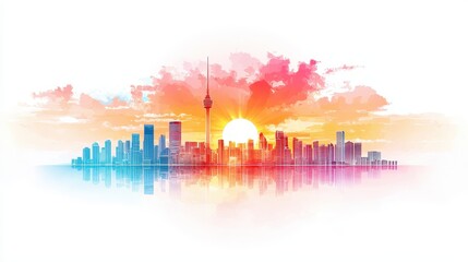 Poster - Flat vector design of a city skyline silhouette, with clean lines and a minimalist approach, showcasing tall buildings under a bright, vibrant sky, evoking energy and modernity.