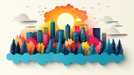 Poster - Flat vector design of Seattle skyline silhouette, where clean lines and geometric shapes represent the blend of nature and technology, creating a balanced urban atmosphere.