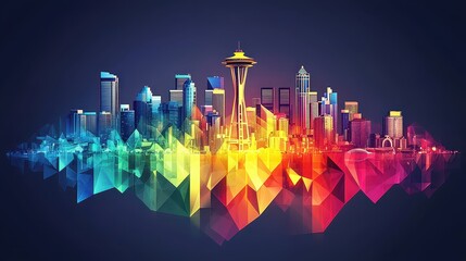Poster - Flat vector design of Seattle skyline silhouette, where clean lines and geometric shapes represent the blend of nature and technology, creating a balanced urban atmosphere.