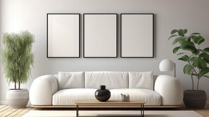 Poster - stylish modern living room with blank picture frames above white sofa, green plants, and minimalist 