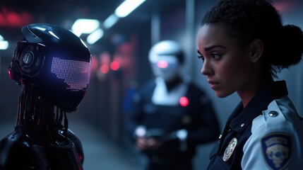 humanoid robot and woman in blue: a female officer in a blue uniform stares intently at a humanoid r
