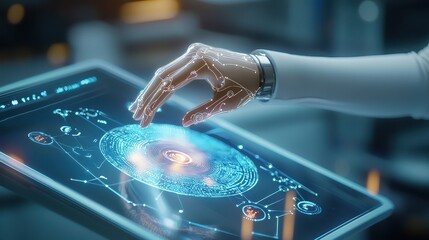 Poster - Self-learning AI system, futuristic holographic interface processing data in real-time, radiating control, intelligence, and effortless automation.