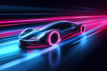 Poster - Futuristic Neon Car with Light Trails at High Speed at Night